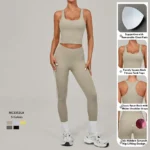 2 Piece Set Premium and Casual Life Style Yoga and Pilates Fitness Clothes for Women, Trendy Square Neck Camisole with Bra + White Striped Athletic Leggings