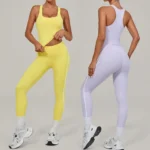 2 Piece Set Premium and Casual Life Style Yoga and Pilates Fitness Clothes for Women, Trendy Square Neck Camisole with Bra + White Striped Athletic Leggings