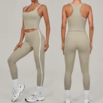 2 Piece Set Premium and Casual Life Style Yoga and Pilates Fitness Clothes for Women, Trendy Square Neck Camisole with Bra + White Striped Athletic Leggings