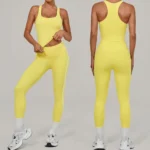 2 Piece Set Premium and Casual Life Style Yoga and Pilates Fitness Clothes for Women, Trendy Square Neck Camisole with Bra + White Striped Athletic Leggings