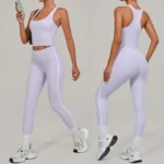 2 Piece Set Premium and Casual Life Style Yoga and Pilates Fitness Clothes for Women, Trendy Square Neck Camisole with Bra + White Striped Athletic Leggings