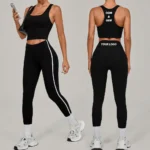 2 Piece Set Premium and Casual Life Style Yoga and Pilates Fitness Clothes for Women, Trendy Square Neck Camisole with Bra + White Striped Athletic Leggings