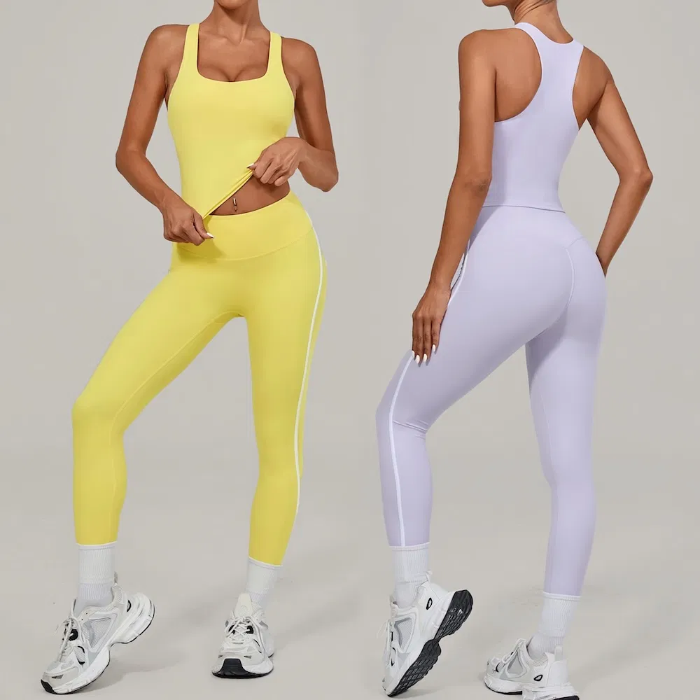 2 Piece Set Premium and Casual Life Style Yoga and Pilates Fitness Clothes for Women, Trendy Square Neck Camisole with Bra + White Striped Athletic Leggings 2 Piece Set Premium and Casual Life Style Yoga and Pilates Fitness Clothes for Women, Trendy Square Neck Camisole with Bra + White Striped Athletic Leggings