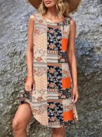 2025 Ethnic Style Women Vintage Pattern Flowers Print Dresses Summer Fashion Sleeveless Dress Casual Sundress Beach Loose Dress
