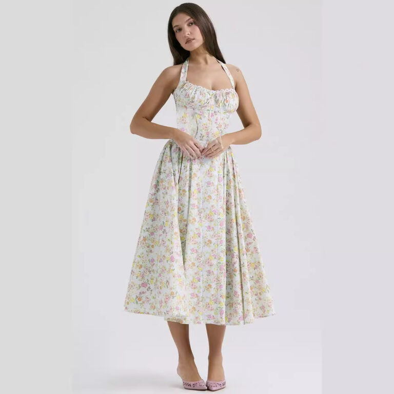 2025 New Summer Slim Suspender Long Skirt European and American Style Fashion Printed Halter Neck Lace Dress