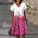 2025 Summer 3D Print Dress New Women V-Neck Short Sleeve Loose Dress Streetwear Casual Oversized Dress Woman Clothing Plus Size