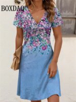 2025 Summer Dresses Plus Size Women Vintage Flower 3D Print Dress Casual V-Neck Short Sleeve Loose Dresses Female's Clothing 6XL