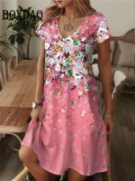 2025 Summer Dresses Plus Size Women Vintage Flower 3D Print Dress Casual V-Neck Short Sleeve Loose Dresses Female's Clothing 6XL