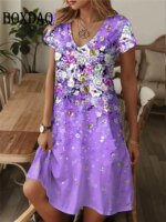 2025 Summer Dresses Plus Size Women Vintage Flower 3D Print Dress Casual V-Neck Short Sleeve Loose Dresses Female's Clothing 6XL