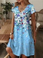 2025 Summer Dresses Plus Size Women Vintage Flower 3D Print Dress Casual V-Neck Short Sleeve Loose Dresses Female's Clothing 6XL