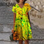 2025 Summer Dresses Women Gradient Painted 3D Print Dress Fashion Plus Size Casual V-Neck Short Sleeve Loose Dress 6XL Clothing