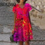 2025 Summer Dresses Women Gradient Painted 3D Print Dress Fashion Plus Size Casual V-Neck Short Sleeve Loose Dress 6XL Clothing