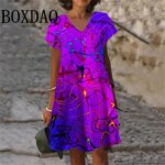 2025 Summer Dresses Women Gradient Painted 3D Print Dress Fashion Plus Size Casual V-Neck Short Sleeve Loose Dress 6XL Clothing