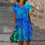 2025 Summer Dresses Women Gradient Painted 3D Print Dress Fashion Plus Size Casual V-Neck Short Sleeve Loose Dress 6XL Clothing