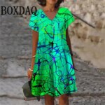 2025 Summer Dresses Women Gradient Painted 3D Print Dress Fashion Plus Size Casual V-Neck Short Sleeve Loose Dress 6XL Clothing
