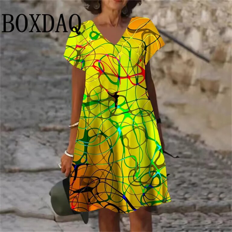 2025 Summer Dresses Women Gradient Painted 3D Print Dress Fashion Plus Size Casual V-Neck Short Sleeve Loose Dress 6XL Clothing