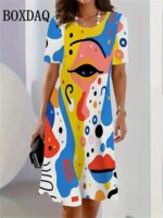 2025 Summer Women's Clothing Art Face Painting Print Women Casual Loose Short Sleeve Dresses Fashion Women Plus Size Dresses 9XL