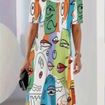 2025 Summer Women's Clothing Art Face Painting Print Women Casual Loose Short Sleeve Dresses Fashion Women Plus Size Dresses 9XL