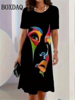 2025 Summer Women's Clothing Art Face Painting Print Women Casual Loose Short Sleeve Dresses Fashion Women Plus Size Dresses 9XL