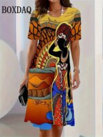2025 Summer Women's Clothing Art Face Painting Print Women Casual Loose Short Sleeve Dresses Fashion Women Plus Size Dresses 9XL