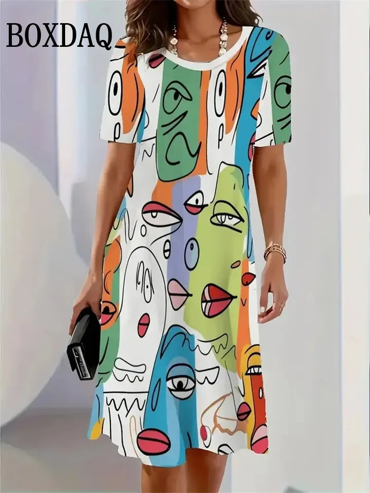 2025 Summer Women's Clothing Art Face Painting Print Women Casual Loose Short Sleeve Dresses Fashion Women Plus Size Dresses 9XL