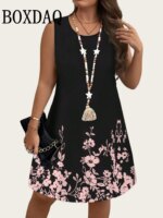 2026 Summer New Women's Sleeveless Dresses Loose Plus Size Dresses Beach Vacation Casual Tank Floral Print Women A-Line Dresses