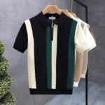 2026 trendy brand high-end short-sleeved ice silk sweater for men summer British color block striped fashion lapel shirt