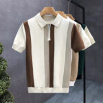 2026 trendy brand high-end short-sleeved ice silk sweater for men summer British color block striped fashion lapel shirt