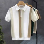 2026 trendy brand high-end short-sleeved ice silk sweater for men summer British color block striped fashion lapel shirt