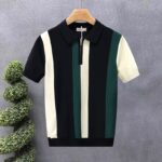 2026 trendy brand high-end short-sleeved ice silk sweater for men summer British color block striped fashion lapel shirt