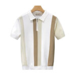 2026 trendy brand high-end short-sleeved ice silk sweater for men summer British color block striped fashion lapel shirt
