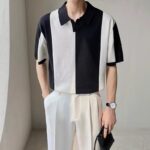 2026 trendy brand high-end short-sleeved ice silk sweater for men summer British color block striped fashion lapel shirt