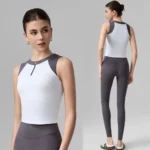 2PCS Color-Blocking Running Workout Outfits for Women, High Performance Zipup Active Tanks with Molded Chest Cups + High Waisted Yoga Leggings Running Clothes
