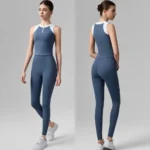 2PCS Color-Blocking Running Workout Outfits for Women, High Performance Zipup Active Tanks with Molded Chest Cups + High Waisted Yoga Leggings Running Clothes