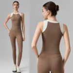 2PCS Color-Blocking Running Workout Outfits for Women, High Performance Zipup Active Tanks with Molded Chest Cups + High Waisted Yoga Leggings Running Clothes