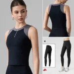 2PCS Color-Blocking Running Workout Outfits for Women, High Performance Zipup Active Tanks with Molded Chest Cups + High Waisted Yoga Leggings Running Clothes
