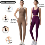 2PCS Color-Blocking Running Workout Outfits for Women, High Performance Zipup Active Tanks with Molded Chest Cups + High Waisted Yoga Leggings Running Clothes
