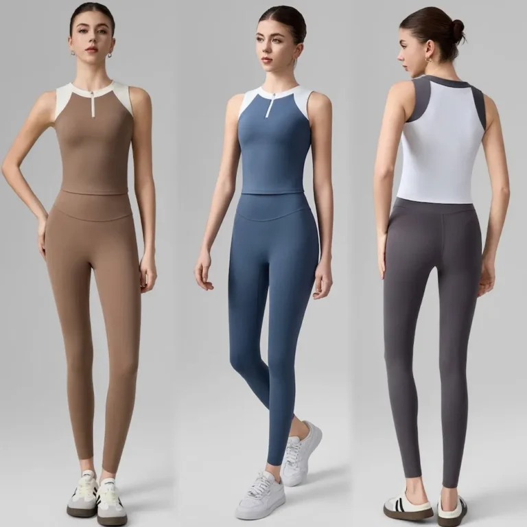 2PCS Color-Blocking Running Workout Outfits for Women, High Performance Zipup Active Tanks with Molded Chest Cups + High Waisted Yoga Leggings Running Clothes