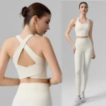 2PCS Gym Pilates Fitness Outfits for Women, Sexy Cross Back Back Workout Tank with Molded Cup + High Waisted Yoga Leggings Breathable Activewear Manufacturer