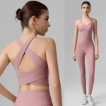2PCS Gym Pilates Fitness Outfits for Women, Sexy Cross Back Back Workout Tank with Molded Cup + High Waisted Yoga Leggings Breathable Activewear Manufacturer