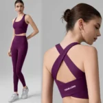 2PCS Gym Pilates Fitness Outfits for Women, Sexy Cross Back Back Workout Tank with Molded Cup + High Waisted Yoga Leggings Breathable Activewear Manufacturer