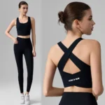 2PCS Gym Pilates Fitness Outfits for Women, Sexy Cross Back Back Workout Tank with Molded Cup + High Waisted Yoga Leggings Breathable Activewear Manufacturer