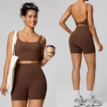 2PCS Luxury Lulu Styles Yoga Workout Outfits for Woman, Upgraded Sandwich Design High Waist Biker Shorts with Pockets + Backless Exercise Tank Tops