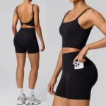 2PCS Luxury Lulu Styles Yoga Workout Outfits for Woman, Upgraded Sandwich Design High Waist Biker Shorts with Pockets + Backless Exercise Tank Tops