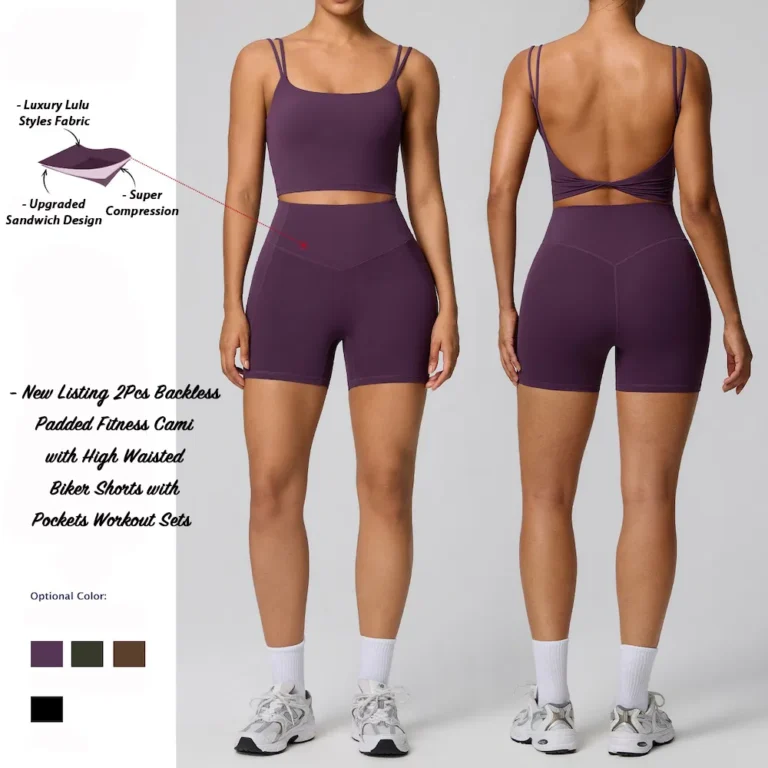 2PCS Luxury Lulu Styles Yoga Workout Outfits for Woman, Upgraded Sandwich Design High Waist Biker Shorts with Pockets + Backless Exercise Tank Tops