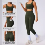 2PCS Premium and Superior Stretchy Simple Sports Bra + V-Shaped High Waisted Fitness Leggings with Side Pockets, High End Activewear Set for Women