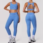 2PCS Seductive Premium Yoga Workout Sets for Women, Color Collision Hollow Back Sports Bra with High Waist Fitness Leggings Custom Logo Naked Soft Outfits