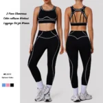 2PCS Seductive Premium Yoga Workout Sets for Women, Color Collision Hollow Back Sports Bra with High Waist Fitness Leggings Custom Logo Naked Soft Outfits