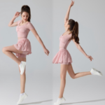 2PCS Set Cute Sportswear for Woman, Cropped Workout T-Shirt with Bra and Bow Tie Design + Ruffle Hem High Waisted Golf Skirt with Liner Shorts + Side Pocket