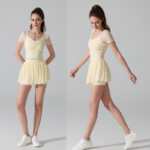 2PCS Set Cute Sportswear for Woman, Cropped Workout T-Shirt with Bra and Bow Tie Design + Ruffle Hem High Waisted Golf Skirt with Liner Shorts + Side Pocket